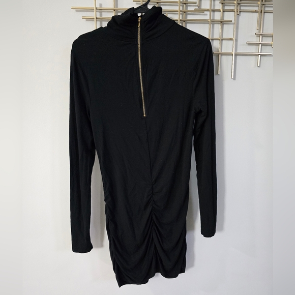 Grace Black Long Sleeve Ruched Turtleneck Dress with Gold Zipper​ - Picture 1 of 8